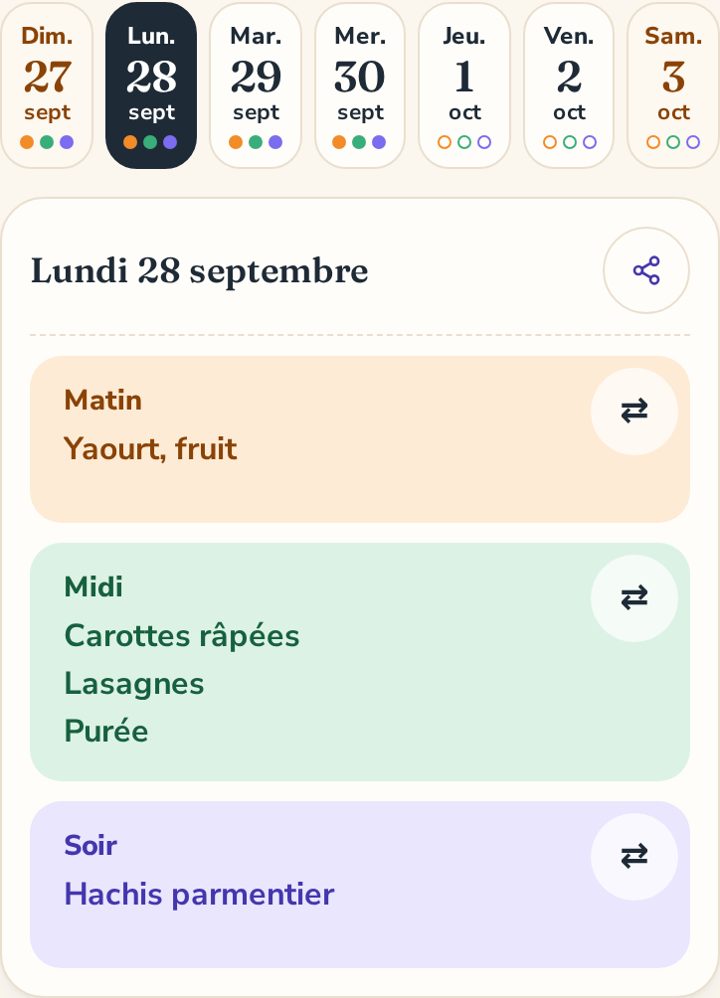 Le planning sur mobile : la bande des sept jours avec trois pastilles par jour, puis les repas du lundi, matin, midi et soir.